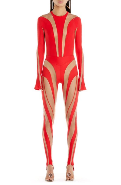 Shop Mugler Illusion Long Sleeve Bodysuit In Red / Nude 01