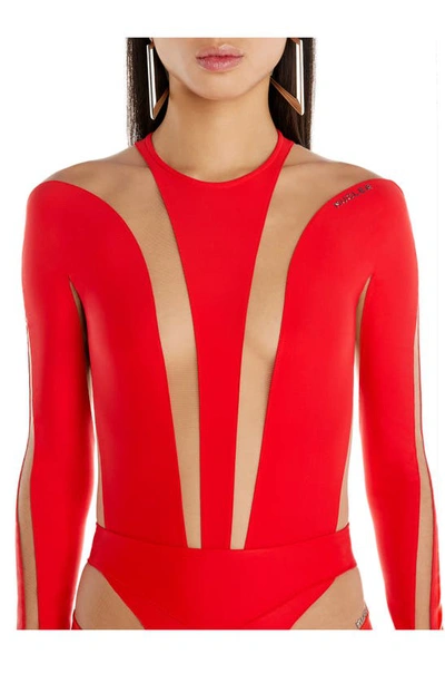 Shop Mugler Illusion Long Sleeve Bodysuit In Red / Nude 01
