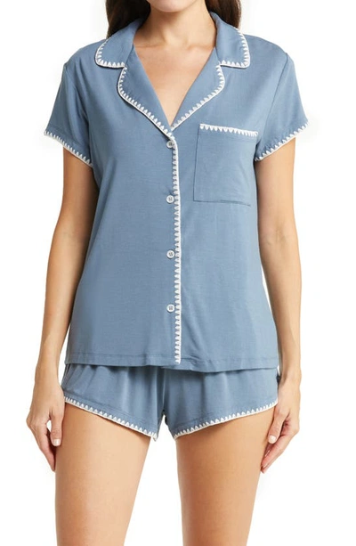 Shop Eberjey Frida Whipstitch Jersey Knit Short Pajamas In Coastal Blue/ Ivory