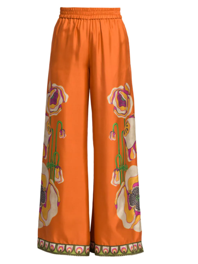 La Doublej Floral-print Silk Palazzo Pants In Orange
