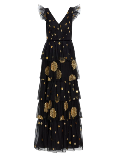 Shop Marchesa Notte Women's Polka Dot Embellished Tiered Tulle Gown In Black Gold