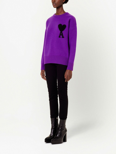 Ami Alexandre Mattiussi Ami De Coeur Knitted Crew-neck Sweater In Purple
