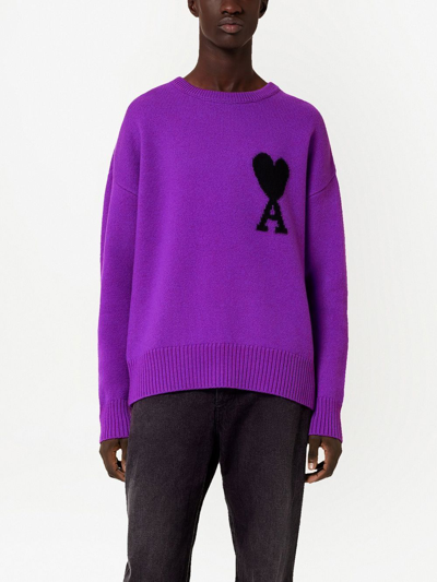 Ami Alexandre Mattiussi Ami De Coeur Knitted Crew-neck Sweater In Purple