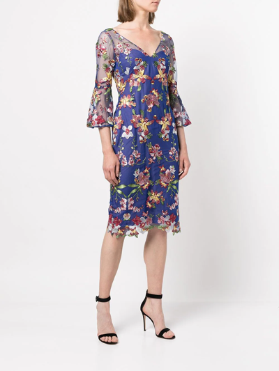 Shop Marchesa Notte Floral Lace Midi Dress In Multicolour