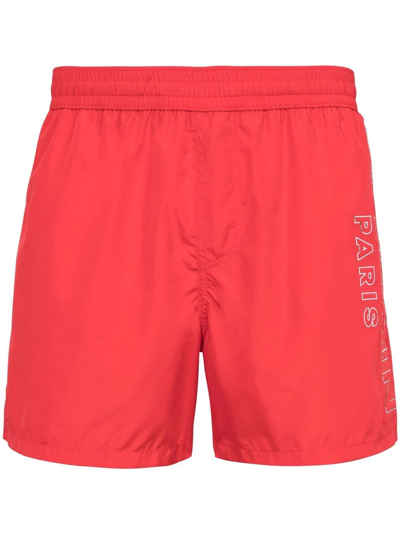 Shop Balmain Metallic-logo Swim Shorts In Red