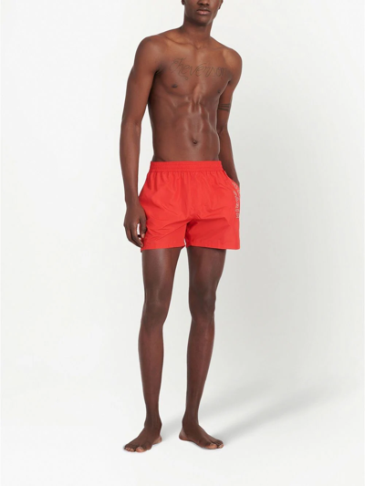 Shop Balmain Metallic-logo Swim Shorts In Red