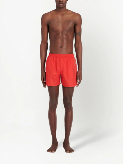 Shop Balmain Metallic-logo Swim Shorts In Red