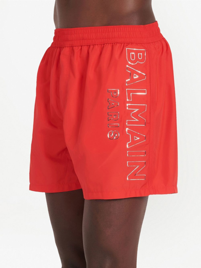 Shop Balmain Metallic-logo Swim Shorts In Red