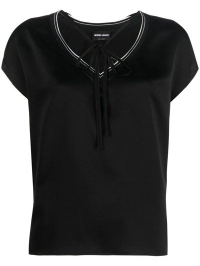 Shop Giorgio Armani Washed-silk Tie-front Top In Black