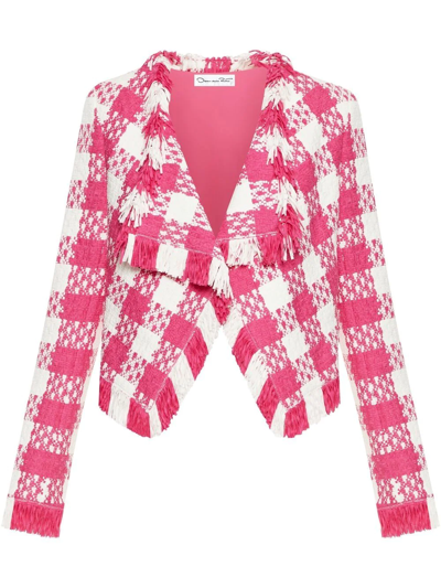 Shop Oscar De La Renta Check-print Woven Open-front Jacket In Pink