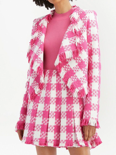 Shop Oscar De La Renta Check-print Woven Open-front Jacket In Pink