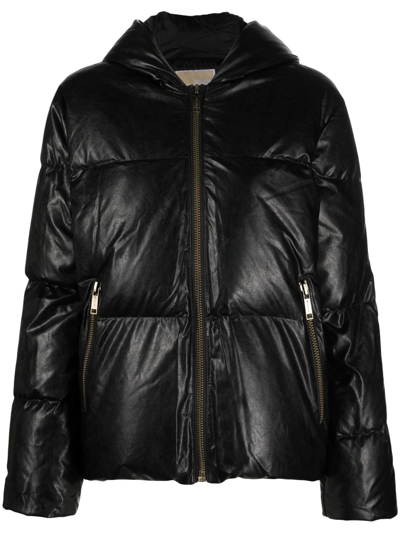 Shop Michael Michael Kors Faux-leather Hooded Puffer Jacket In Black