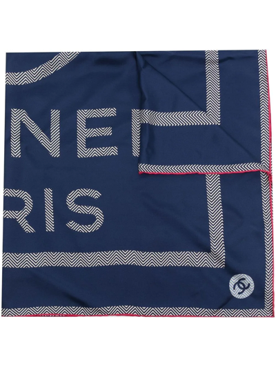 Pre-owned Chanel Logo Print Silk Scarf In Blue