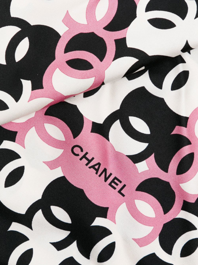 Pre-owned Chanel Logo Print Silk Scarf In Black