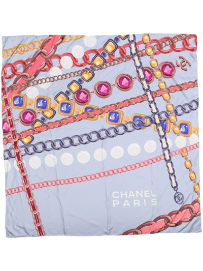 Pre-owned Chanel Jewellery Print Silk Scarf In Blue