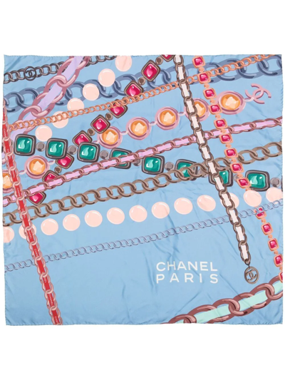 Pre-owned Chanel Jewellery Print Silk Scarf In Blue