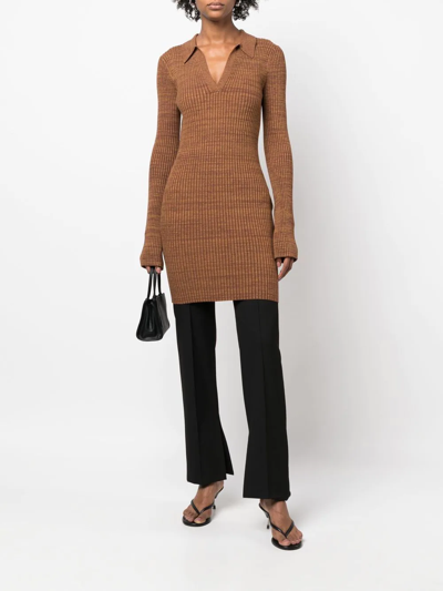 Shop Helmut Lang Marl Ribbed-knit Long-sleeve Polo Dress In Brown