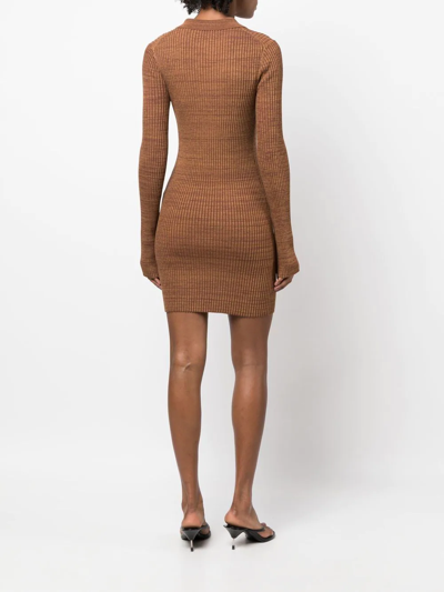 Shop Helmut Lang Marl Ribbed-knit Long-sleeve Polo Dress In Brown