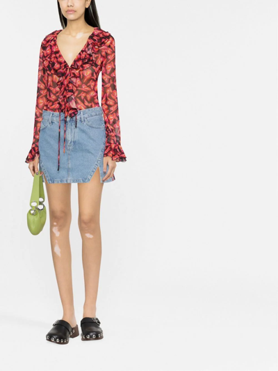 Msgm Graphic-print Ruffle-detail Blouse In Black