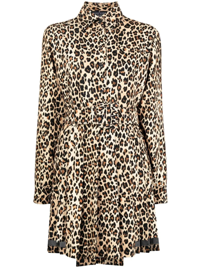 Shop Ermanno Scervino Belted Leopard-print Mini Shirtdress In Brown
