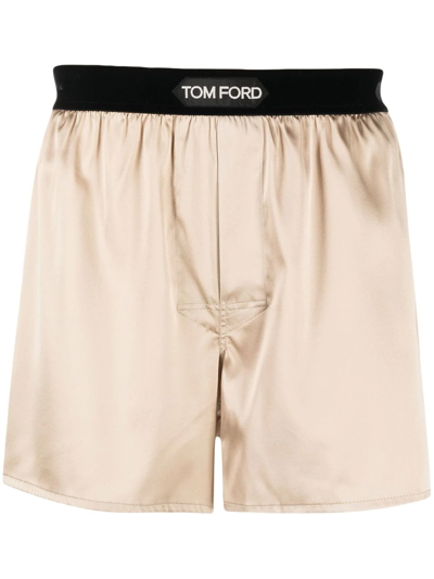 Shop Tom Ford Logo-waist Satin Boxers In Neutrals