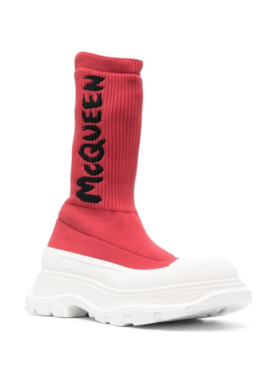 Alexander Mcqueen Sock-style Logo-print Boots In Red
