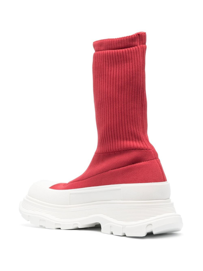 Shop Alexander Mcqueen Sock-style Logo-print Boots In Red