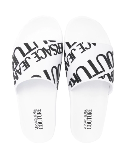 Shop Versace Jeans Couture Logo-print Flat Slides In White