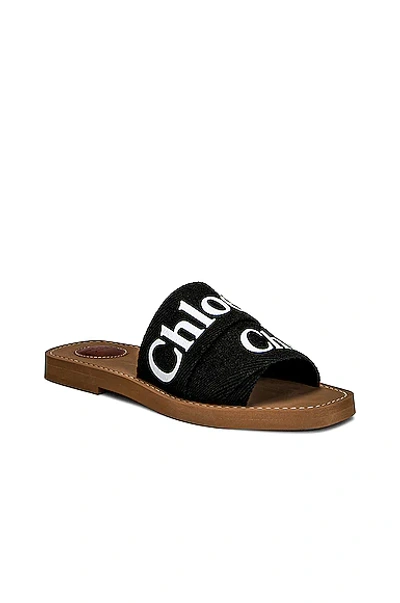 Chloé Woody Flat Logo Ribbon Slide Sandals In Black