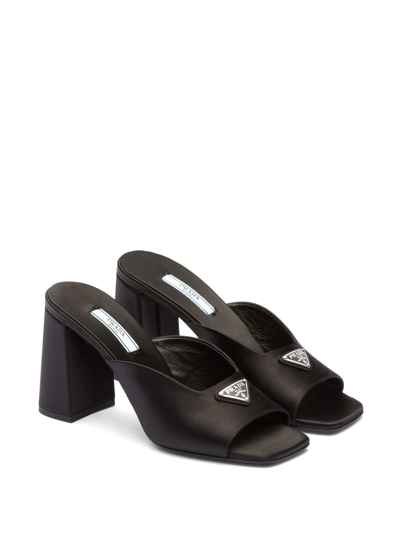 Shop Prada Enamel Triangle Logo 85mm High-heel Satin Slides In Black