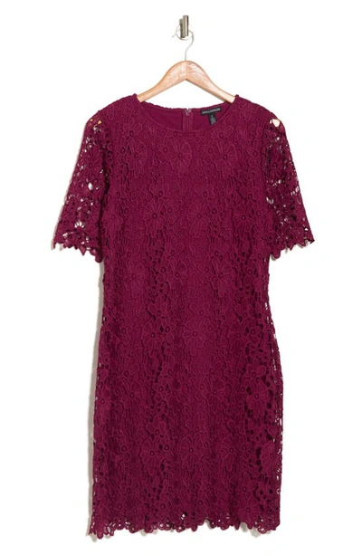Nina Leonard Jewel Neck Lace Dress In Sangria