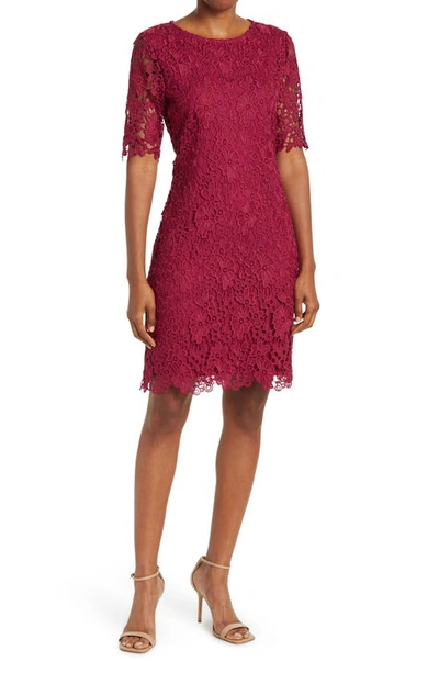 Nina Leonard Jewel Neck Lace Dress In Sangria