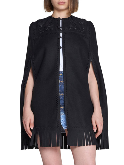Shop Dsquared2 Embroidered Sleeveless Frayed Cape In Black