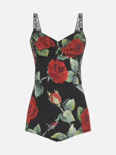 Shop Dolce & Gabbana Rose Print Silk-blend Bodysuit