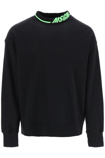 Shop Msgm Branded Neckline Sweatshirt In Black,yellow