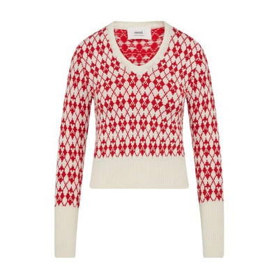 Shop Ami Alexandre Mattiussi Jacquard Sweater In Off White Red