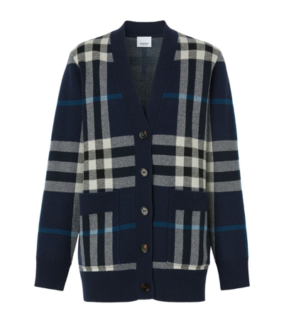 Shop Burberry Check Cardigan In Blue