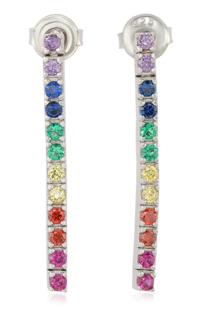 Suzy Levian Sterling Silver Rainbow Cz Linear Drop Earrings In Rainbow