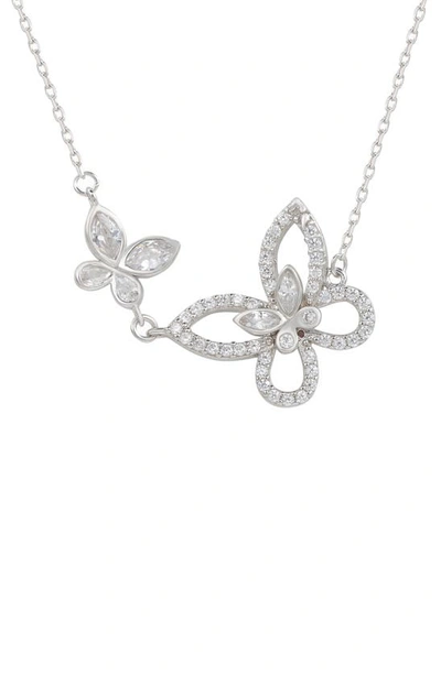 Suzy Levian Sterling Silver Cubic Zirconia Double Butterfly Pendant Necklace In White