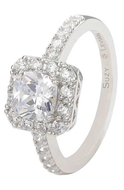 Suzy Levian Sterling Silver Cz Halo Engagement Ring In White