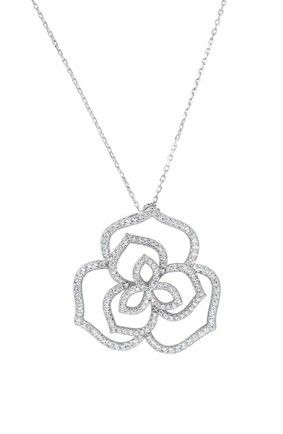 Suzy Levian Sterling Silver Flower Pave Cubic Zirconia Pendant Necklace In White