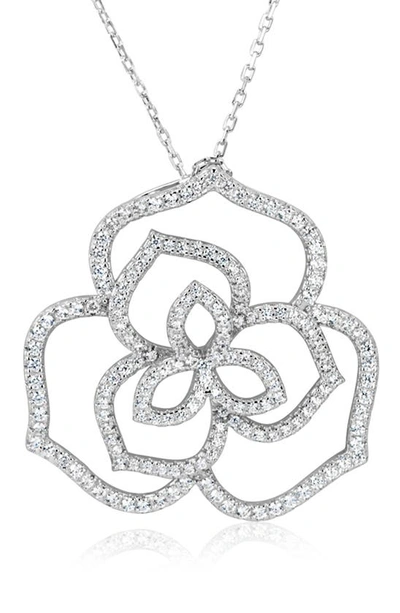 Suzy Levian Sterling Silver Flower Pave Cubic Zirconia Pendant Necklace In White
