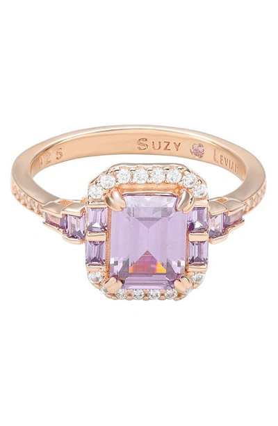 Shop Suzy Levian Rose Gold Plated Sterling Silver Emerald Cz Ring In Purple