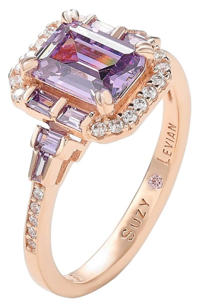 Shop Suzy Levian Rose Gold Plated Sterling Silver Emerald Cz Ring In Purple