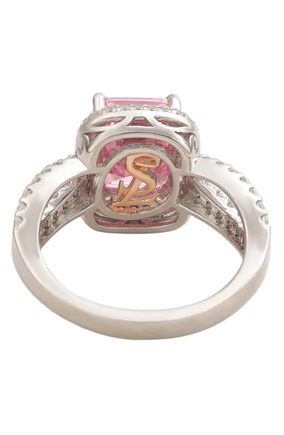 Suzy Levian Sterling Silver Pink Emerald Cz Pavé Halo Ring In Pink