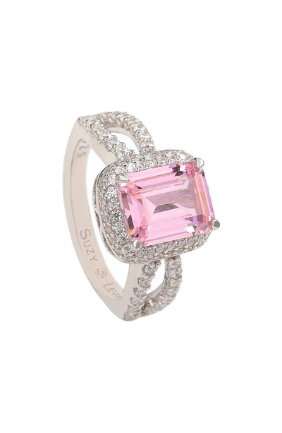 Suzy Levian Sterling Silver Pink Emerald Cz Pavé Halo Ring In Pink