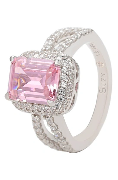 Suzy Levian Sterling Silver Pink Emerald Cz Pavé Halo Ring In Pink