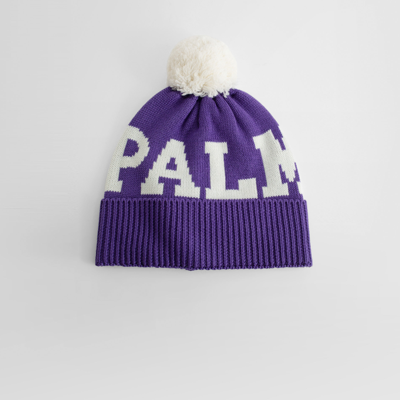 Palm Angels Logo Knitted Pompom Beanie In Purple