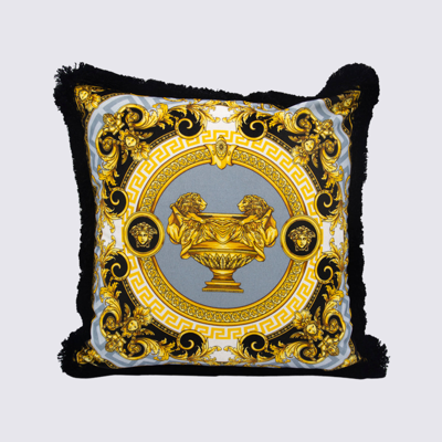 Shop Versace Grey And Gold-tone Cotton Pillow In White-gold