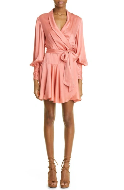 Shop Zimmermann Long Sleeve Silk Charmeuse Wrap Dress In Tangerine